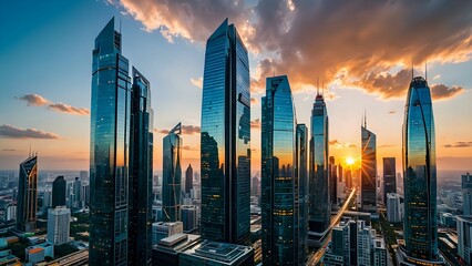 Fototapeta premium Modern cityscape with skyscrapers and a golden sunset.