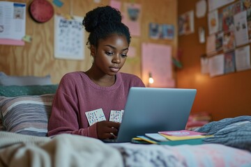 Focused student studying with laptop in cozy room