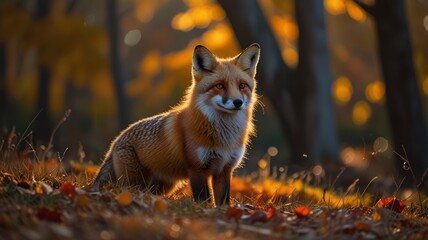 A red fox sits in a forest with a blurred golden background.