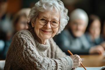Smiling elderly woman with glasses writing in notebook.