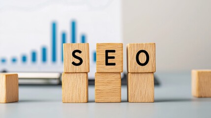 A visual representation of "SEO" using wooden blocks, set against a blurred background featuring a graph, conveying a focus on digital marketing analytics.