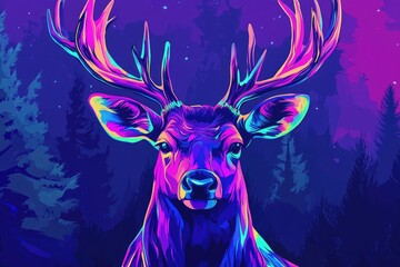 A majestic Pop art style deer with exaggerated antlers in neon colors, set against a graphic forest background