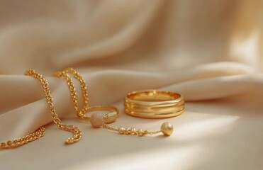 Elegant golden rings and chain displayed on a soft surface illuminated by warm sunlight