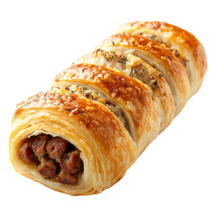 Flaky Pastry Delight, a savory sausage roll wrapped in golden, crisp pastry, perfect for a hearty snack or meal on the go.