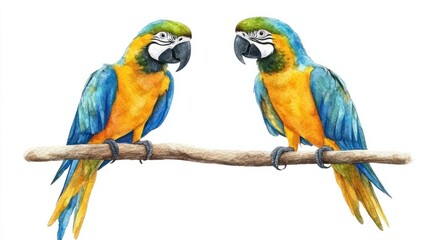 Obraz premium Two parrots birds on an isolated white background, watercolor illustration, hand drawing