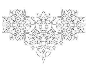 Crescent moons and stars surrounded by flowers and crystals, horizontal composition coloring page, print - vector linear image. Outline. Moons, precious magic crystals and plants