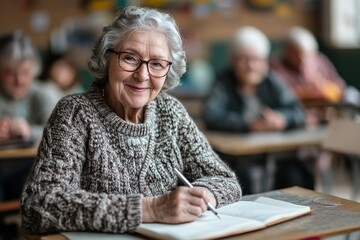 Elderly woman studying in class, pensively writing notes