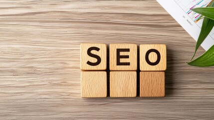 The image shows wooden blocks arranged to spell "SEO" on a wooden surface, emphasizing digital marketing and optimization.