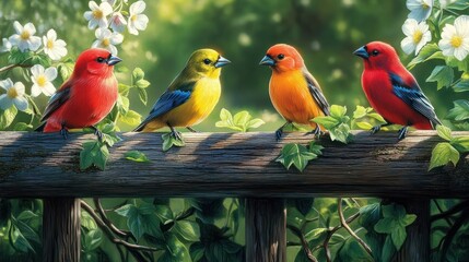 Obraz premium Vibrant plumage shines in sunlight as a trio of finches perch on a rustic wooden fence, surrounded by lush green foliage and delicate white flowers.
