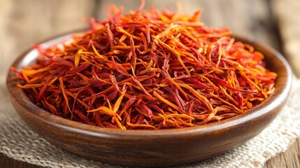 Fototapeta premium Close-up of dried saffron threads in a wooden bowl on a burlap background.