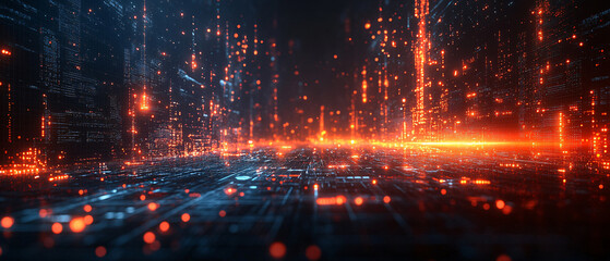 Abstract Digital Cityscape with Glowing Lights and Circuits