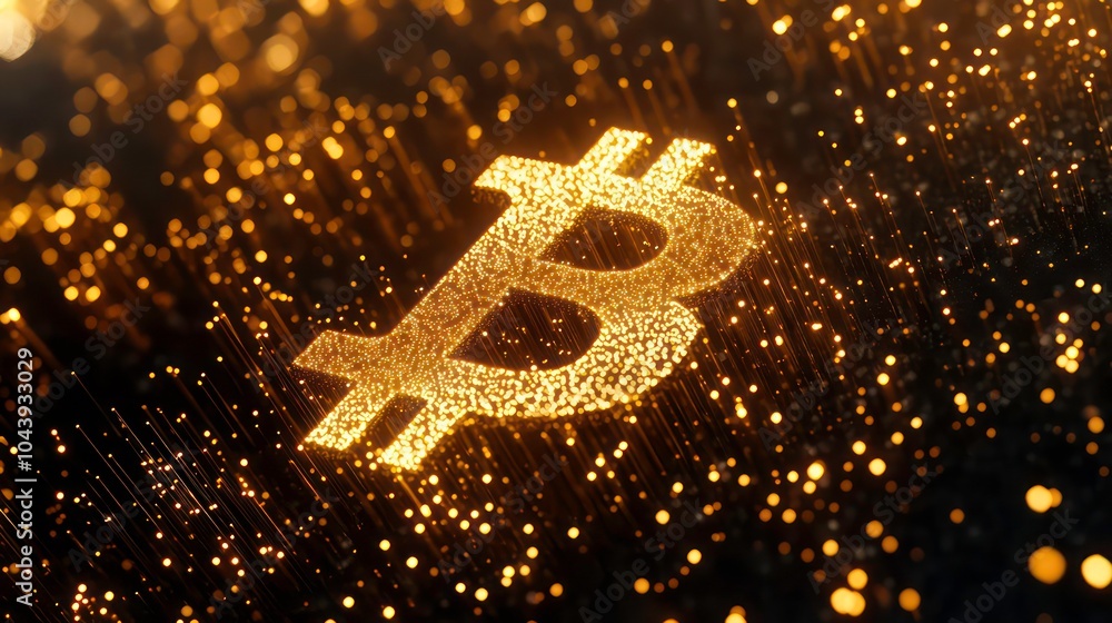 Aufkleber a golden bitcoin symbol made of particles against a black background with glowing lights.