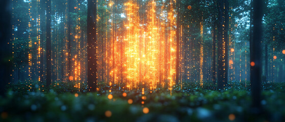 Mystical Forest with Glowing Lights and Fog