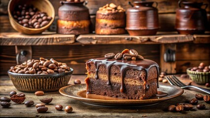 Fototapeta premium Indulgent Double Exposure of Chocolate Cake on a Plate with Sweet Ingredients