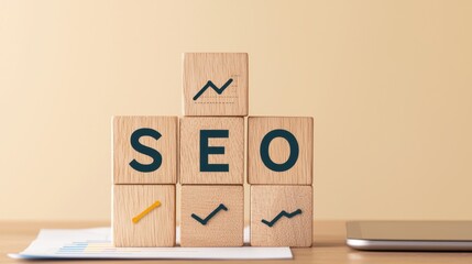 A stack of wooden blocks displays the letters "SEO", alongside growth graphs, representing search engine optimization concepts and strategies.
