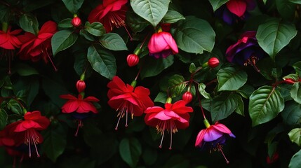 Fuschia Flowers. Red and Purple Blooms on Tree Branch with Foliage