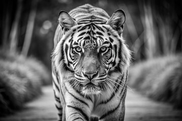 Scary tiger in black and white with leading lines