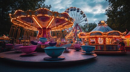 Carousel with Teacups at Night