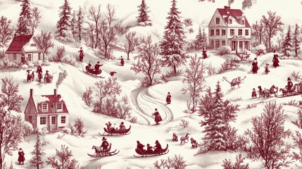 2408 28.A vintage-inspired Christmas Toile de Jouy seamless pattern featuring a winter snow scene with old-fashioned holiday elements, including ornate cottages, sleigh rides, and people gathering