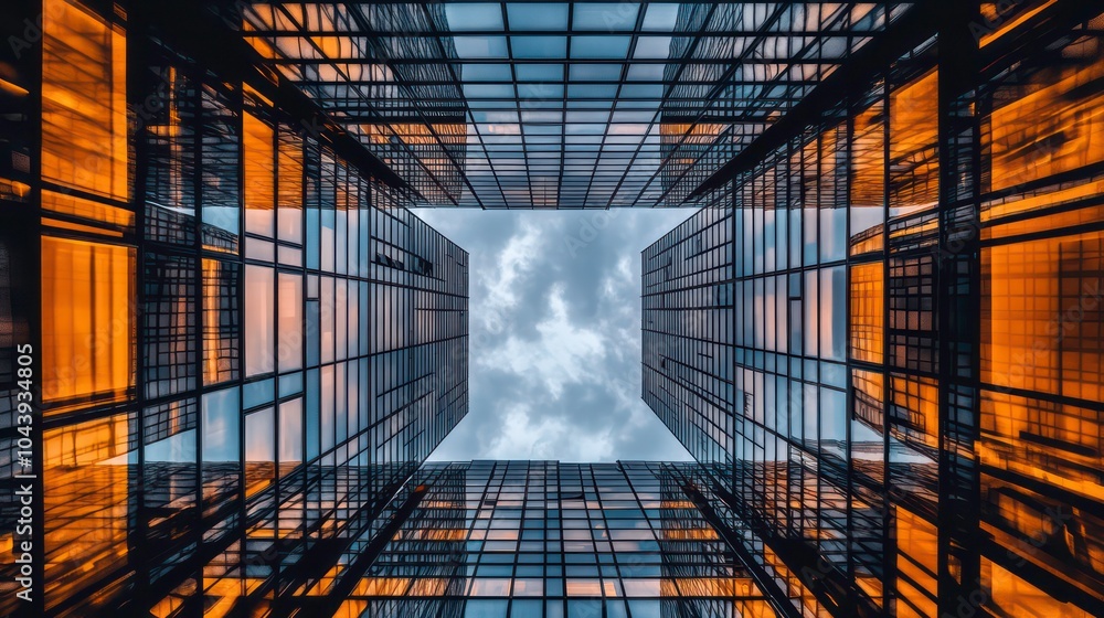 Poster a low angle view looking up at a modern skyscraper with a cloudy sky in the background. the building