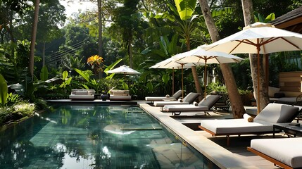 Swimming pool with sun loungers and umbrellas in tropical resort