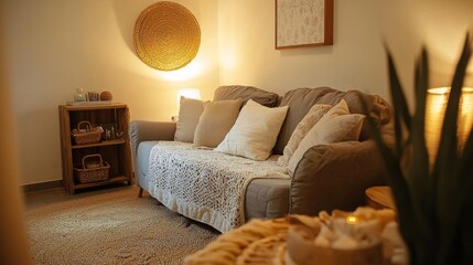 Couch in Therapy Room featuring a sofa and calming decor, representing a safe space for clients