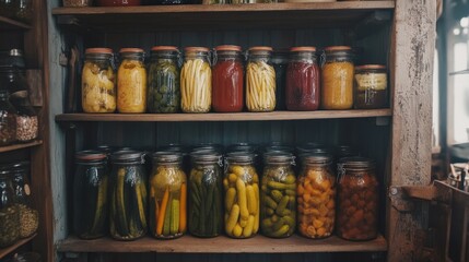 A collection of homemade pickled vegetables in glass jars, each labeled and stored in a rustic kitchen.