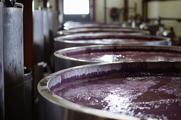 Bubbling fermentation process in winery with stainless steel vats and flowing red wine