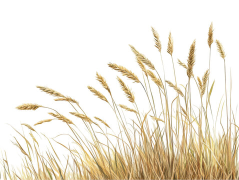 Golden wheat stalks sway gently in the breeze against a clear blue sky.