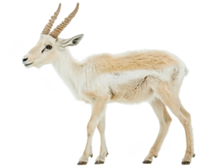 Young antelope with short, curved horns and a light beige coat standing on white background.
