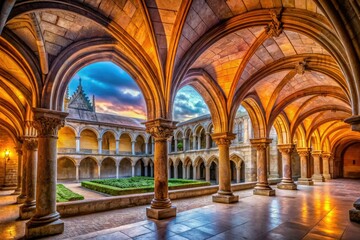 Obraz premium Inside the historic Portuguese monastery hall, a serene atmosphere unfolds with stunning stone archways and graceful arched ceilings, perfect for moments of peaceful reflection.