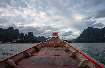 View on a travel, nature, water and mountains tour passenger boat