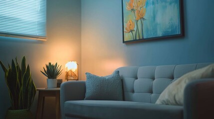 Couch in Therapy Room featuring a sofa and calming decor, representing a safe space for clients