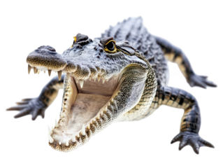 Close-up of a fierce alligator with its mouth wide open, showcasing sharp teeth and scaly skin.