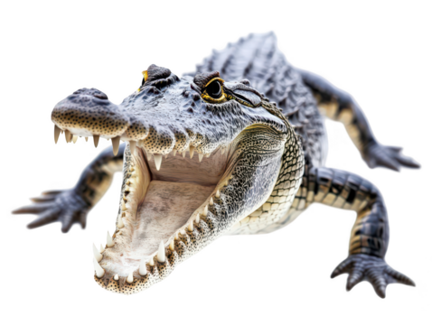Close-up of a fierce alligator with its mouth wide open, showcasing sharp teeth and scaly skin.