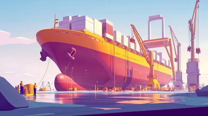 Naklejka premium Cargo Ship at the Dock with Workers and Cranes.