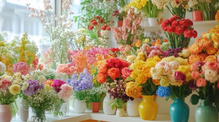 freshly cut flowers in vases, lining the shelves of a bright and airy florist shop.