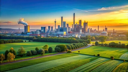 Obraz premium In the early morning light, Frankfurtâ€™s industrial landscape rises majestically, embraced by lush green fields under clear skies, showcasing nature and industry in harmony.