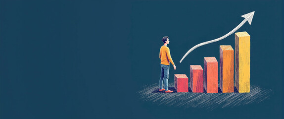 Graphic illustration of a person standing next to a block diagram, constantly growing capital and increasing profit from money deposits, success model