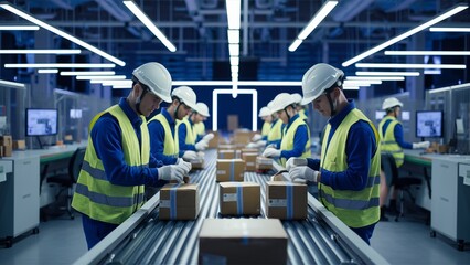 Obraz premium Team inspecting packages in modern high-tech logistics center
