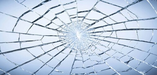 Obraz premium Close-up of a cracked glass surface with intricate spiderweb-like patterns, illuminated by soft light, emphasizing fragility and the beauty of imperfections