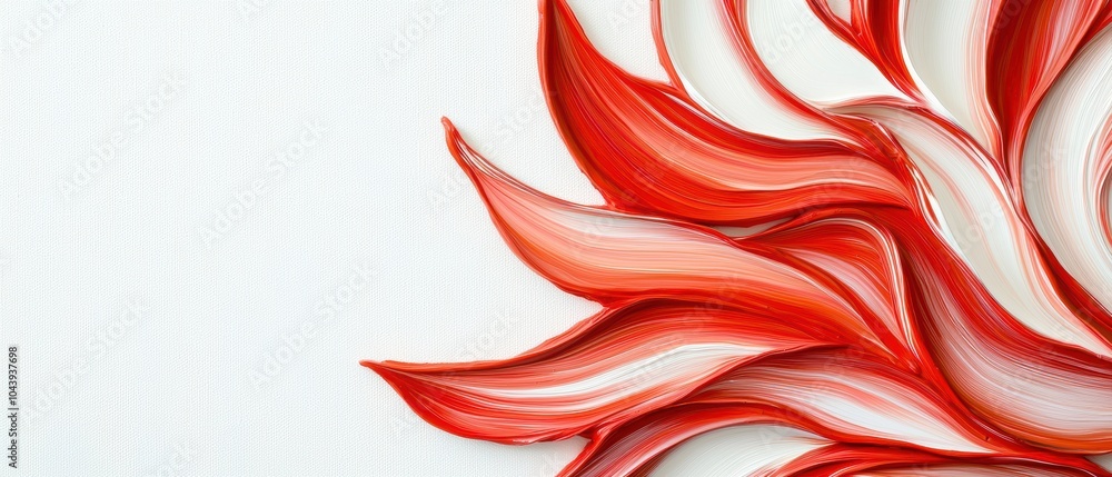 Poster close-up of red, glossy drips creating a dynamic flow, highlighting the smooth texture and dramatic 