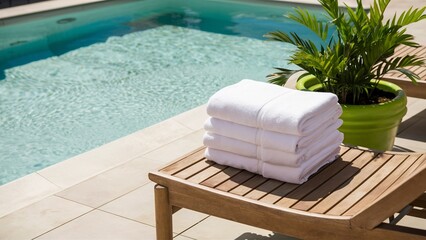 Sunny Poolside with Towels and Potted Plant