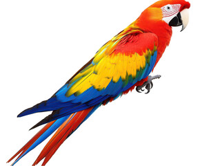 Colorful Scarlet Macaw perched gracefully against a white backdrop, showcasing its vibrant plumage.