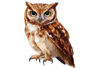 Illustrated owl with striking amber and white feathers, exuding a wise and mysterious aura.