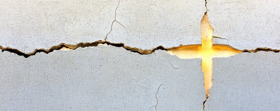 Cracked concrete with a cross carving, illuminated by subtle light, representing the intersection of strength, spirituality, and the passage of time