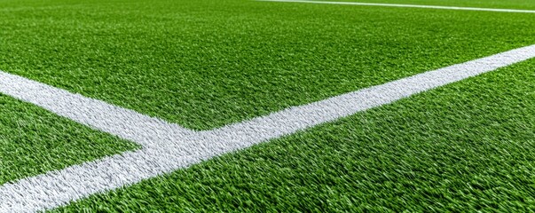 Obraz premium Detailed shot of white field marking on a vibrant green soccer pitch, illustrating the crisp contrast between the grass and the painted line