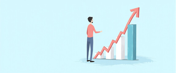 Graphic illustration of a person standing next to a block diagram, constantly growing capital and increasing profit from money deposits, success model