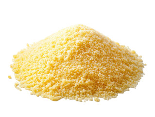 A mound of fine yellow semolina flour on a white background.