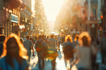 Blurry photo of a crowded city street with people walking and cars driving. Scene is busy and bustling, with the sun shining brightly on the scene